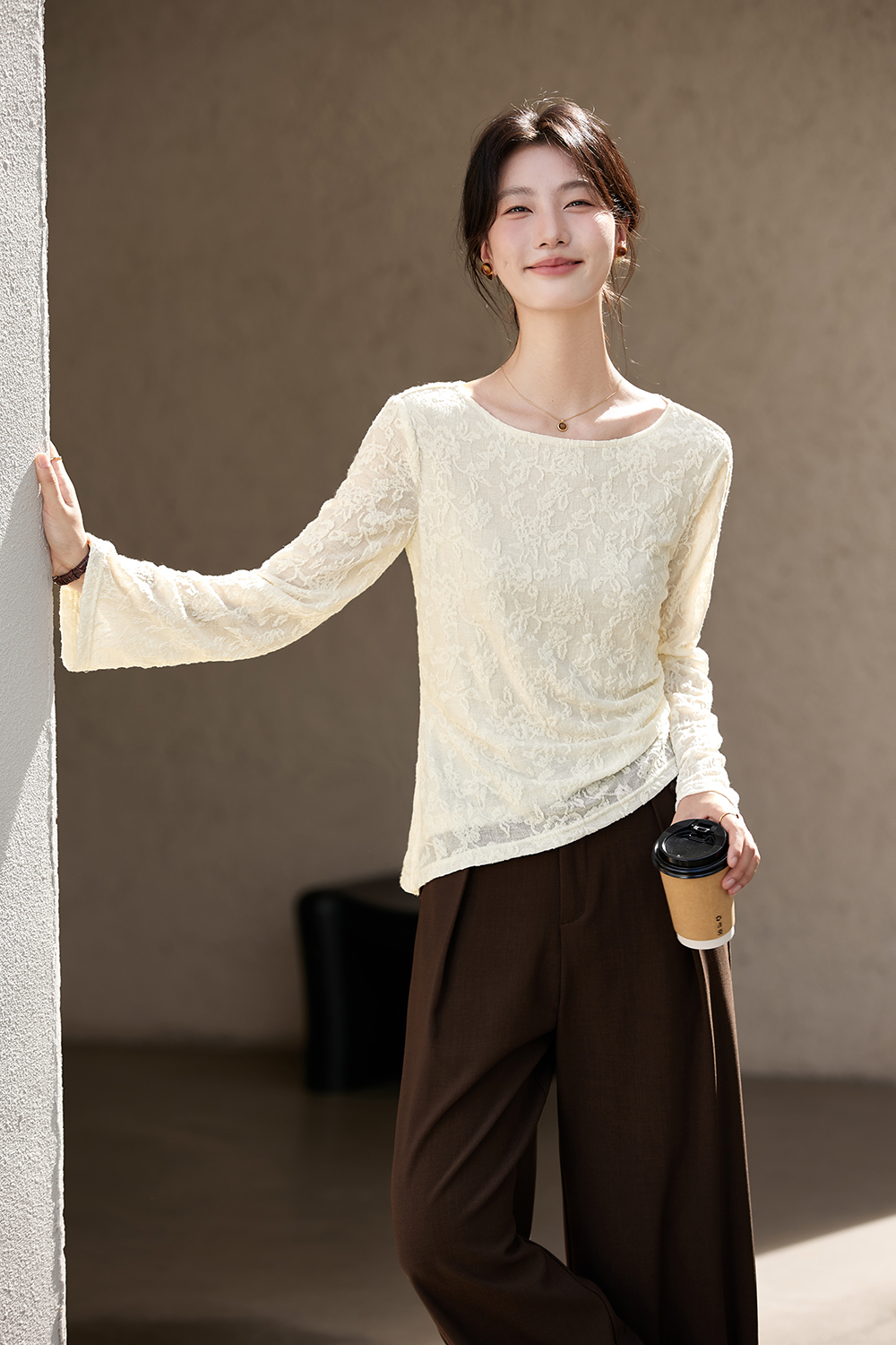 Lace-Trimmed Boatneck Top with Smocked Waist-VIMLYSTORE