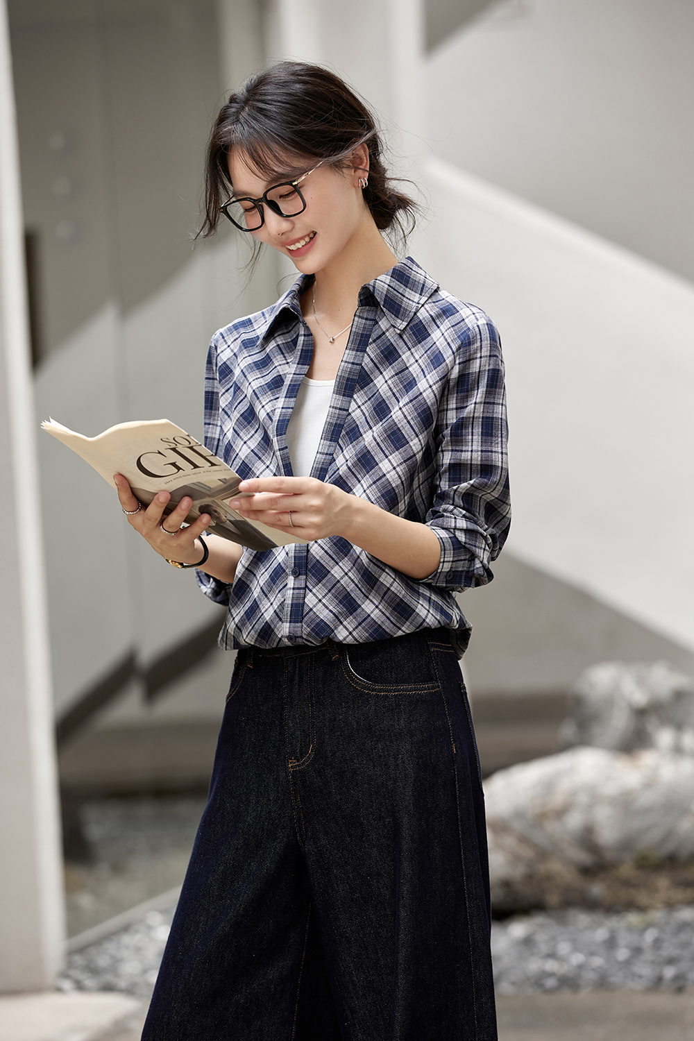 Faux Two-Tone Gingham Shirt in Dusty Blue-VIMLYSTORE