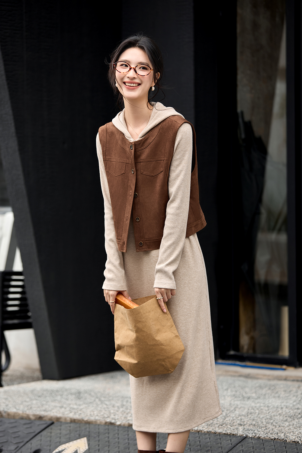 Retro Vest-style Hooded Dress Set-VIMLYSTORE