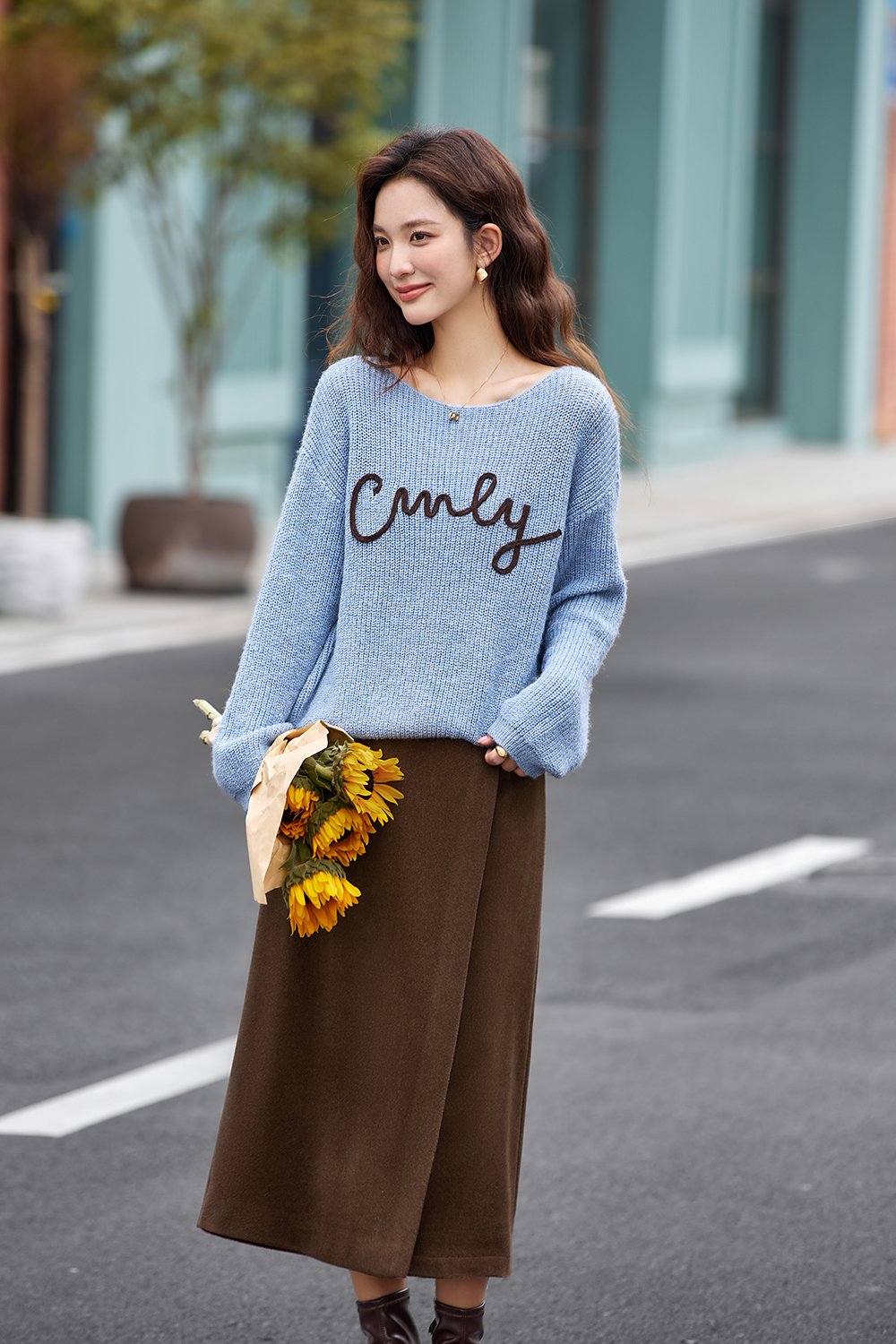 Letter Embroidered Round Neck Knit Sweater Loose Sweater-VIMLYSTORE