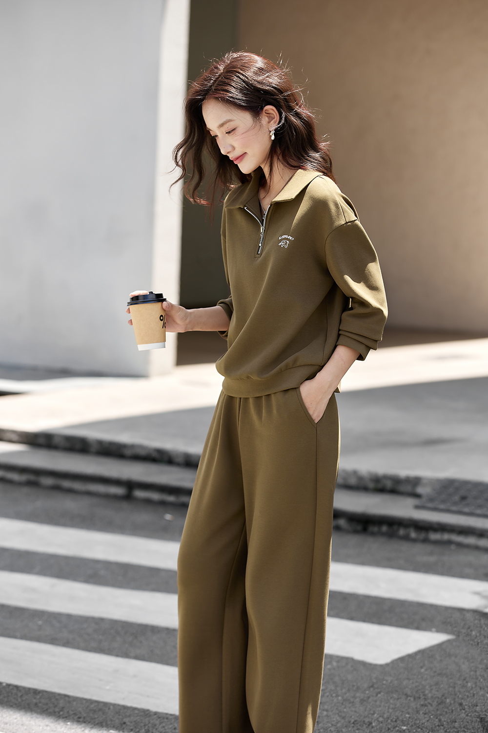 Little Elephant Embroidered Lapel Sweatshirt Wide-Leg Pants Set-VIMLYSTORE