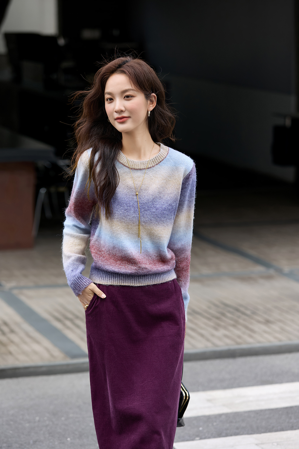 Gradient Color Round Neck Sweater Skirt Set-VIMLYSTORE