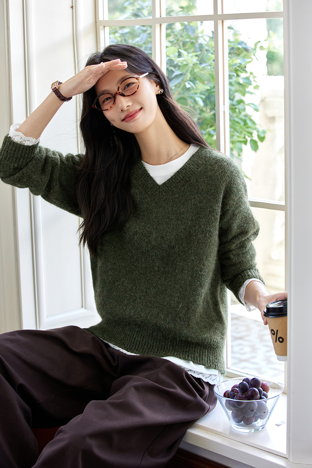 Plush green leisure sweater-VIMLYSTORE
