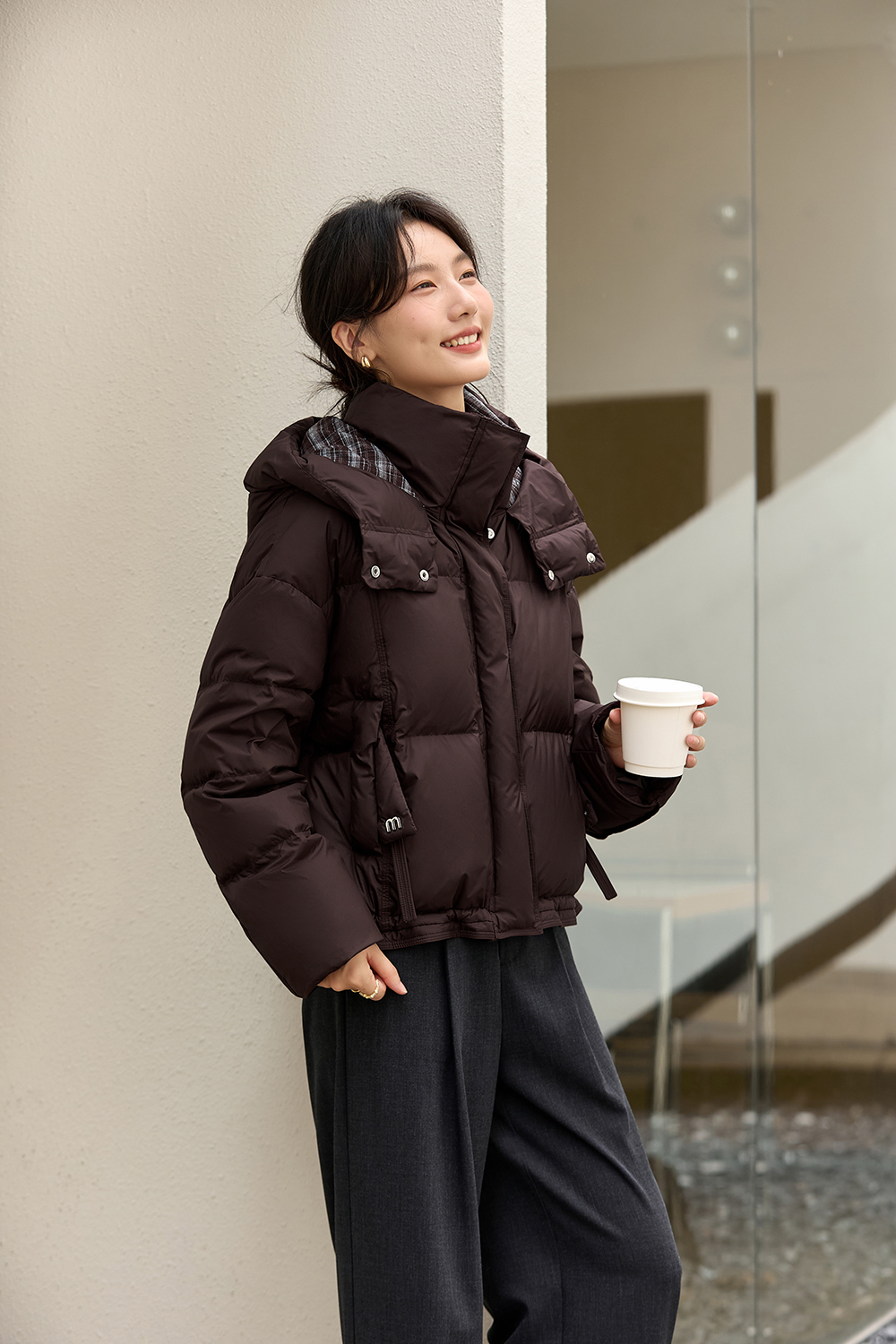 Patchwork Plaid Stand Collar Warm Short Hooded Down Jacket-VIMLYSTORE