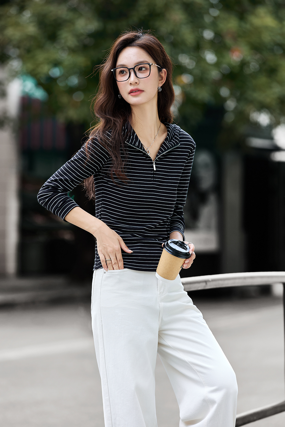 Striped Long Sleeve Hooded Slimming Zipper T-Shirt-VIMLYSTORE