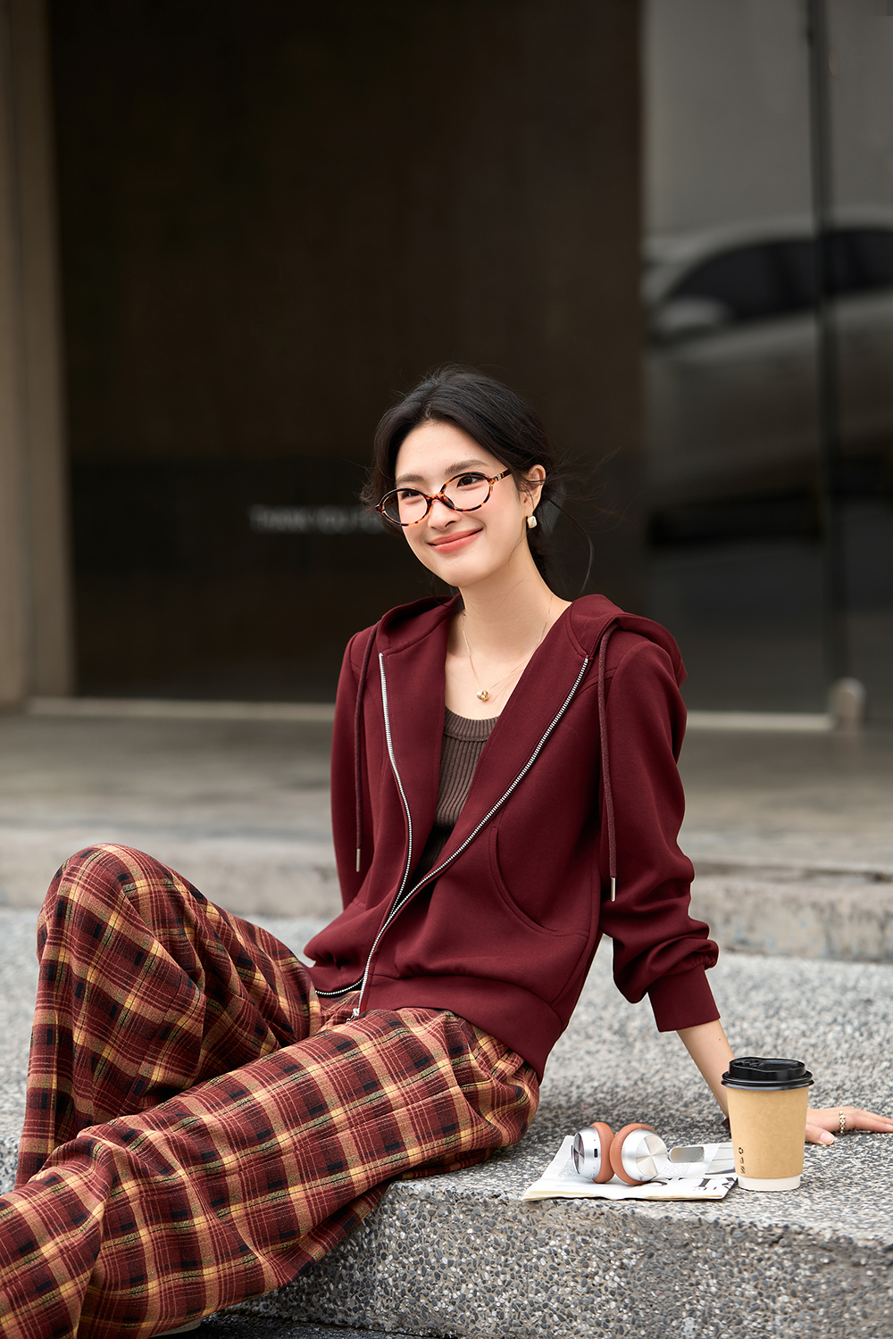 Hooded Zipper Jacket Plaid Pants Set-VIMLYSTORE