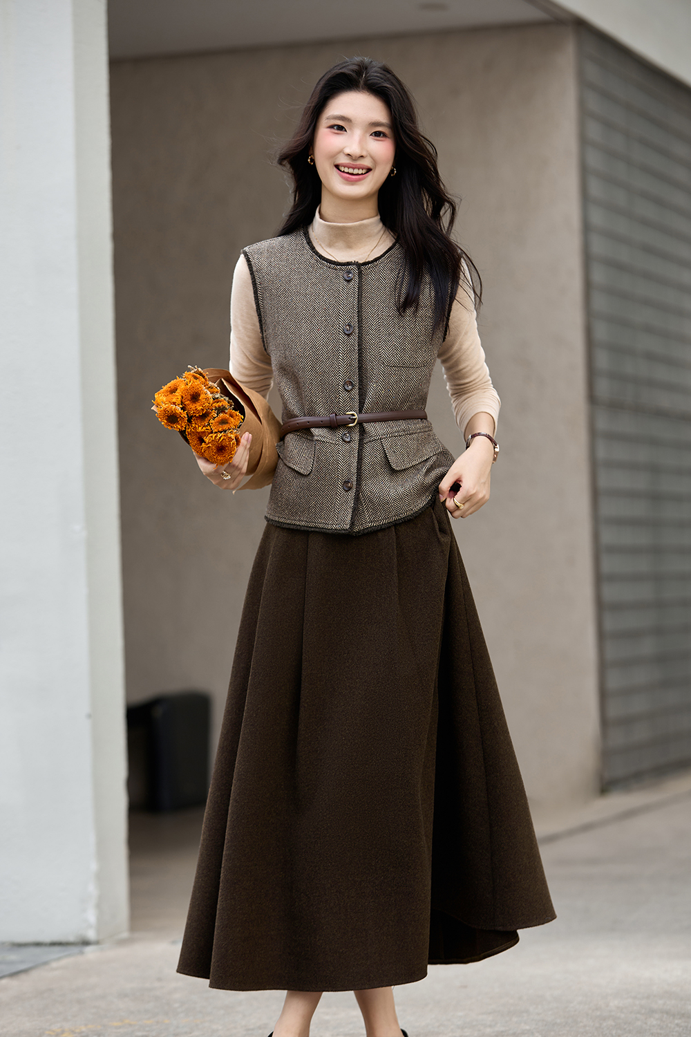 Round Neck Vest A-Line Long Skirt Set-VIMLYSTORE