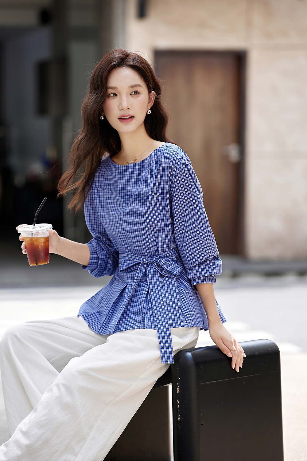 Boat Neck Plaid Waist Tie Slimming Long Sleeve Shirt-VIMLYSTORE