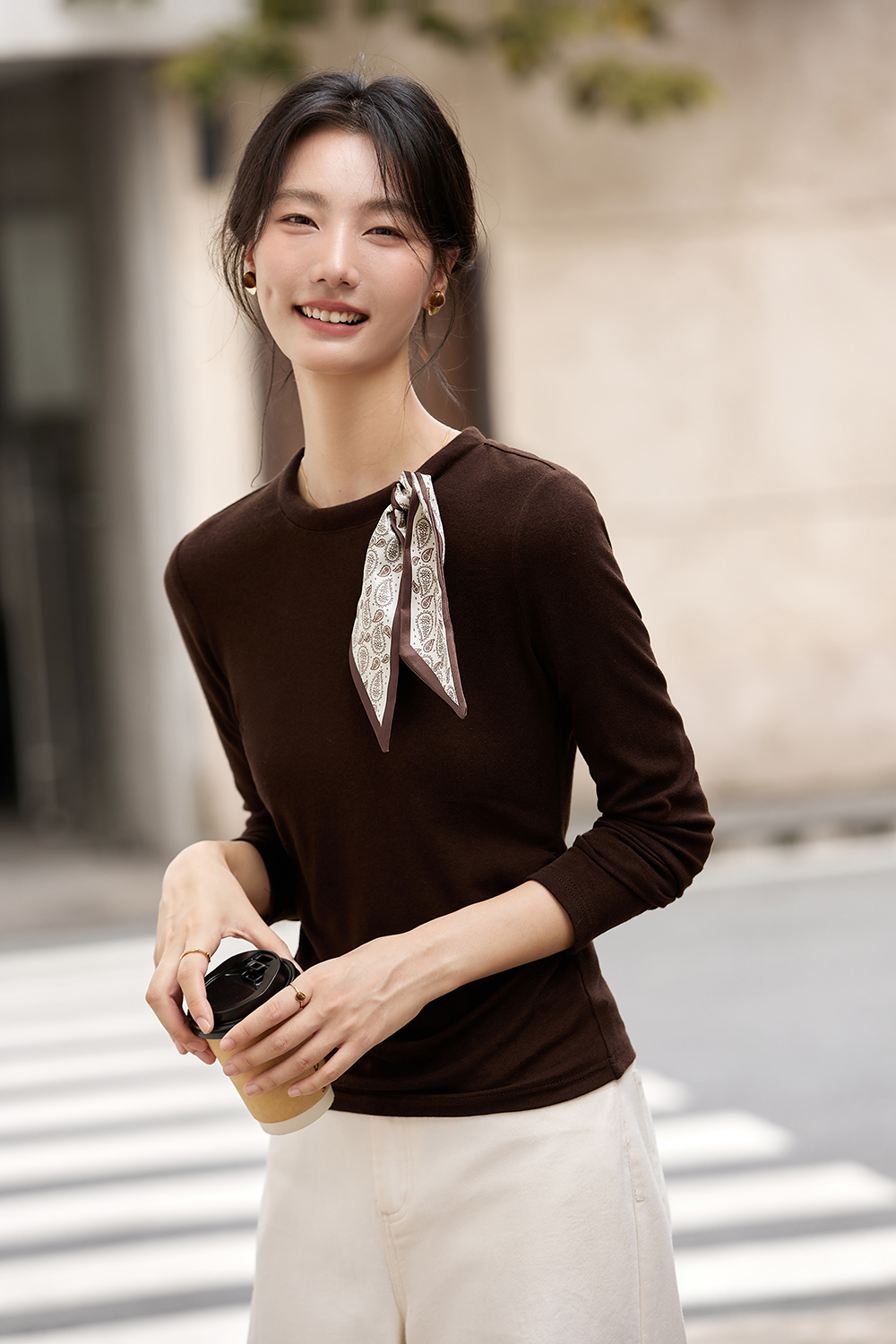 Scarf Decoration Round Neck Long Sleeve Knit T-Shirt-VIMLYSTORE