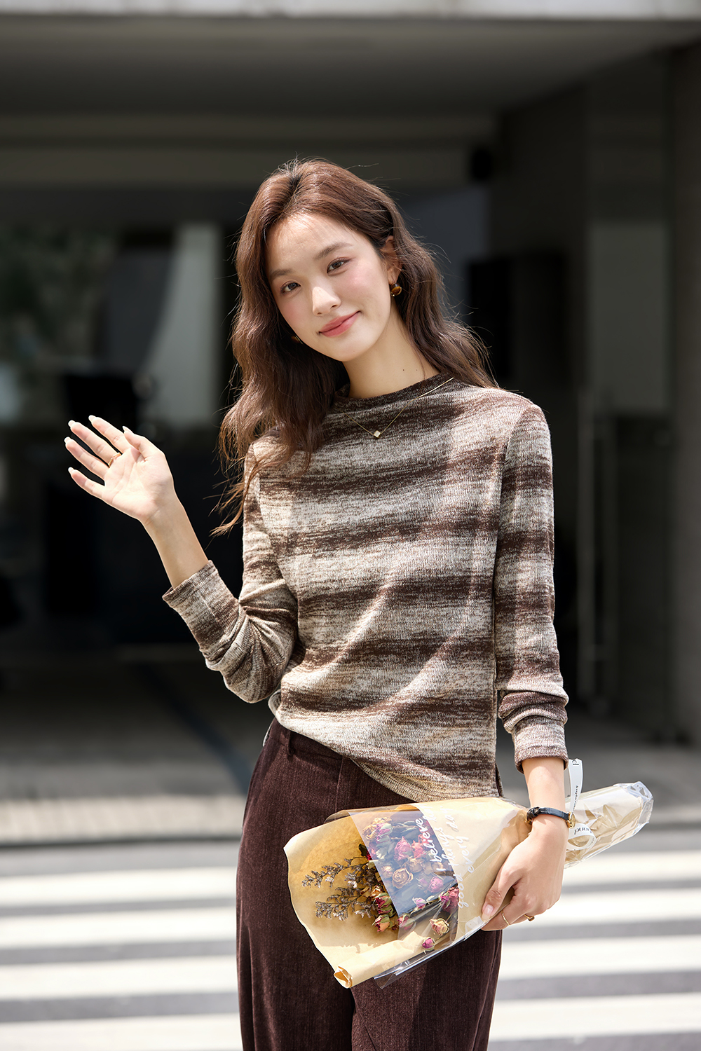 Slimming Mock Neck Stripe Knit Long Sleeve T-Shirt-VIMLYSTORE