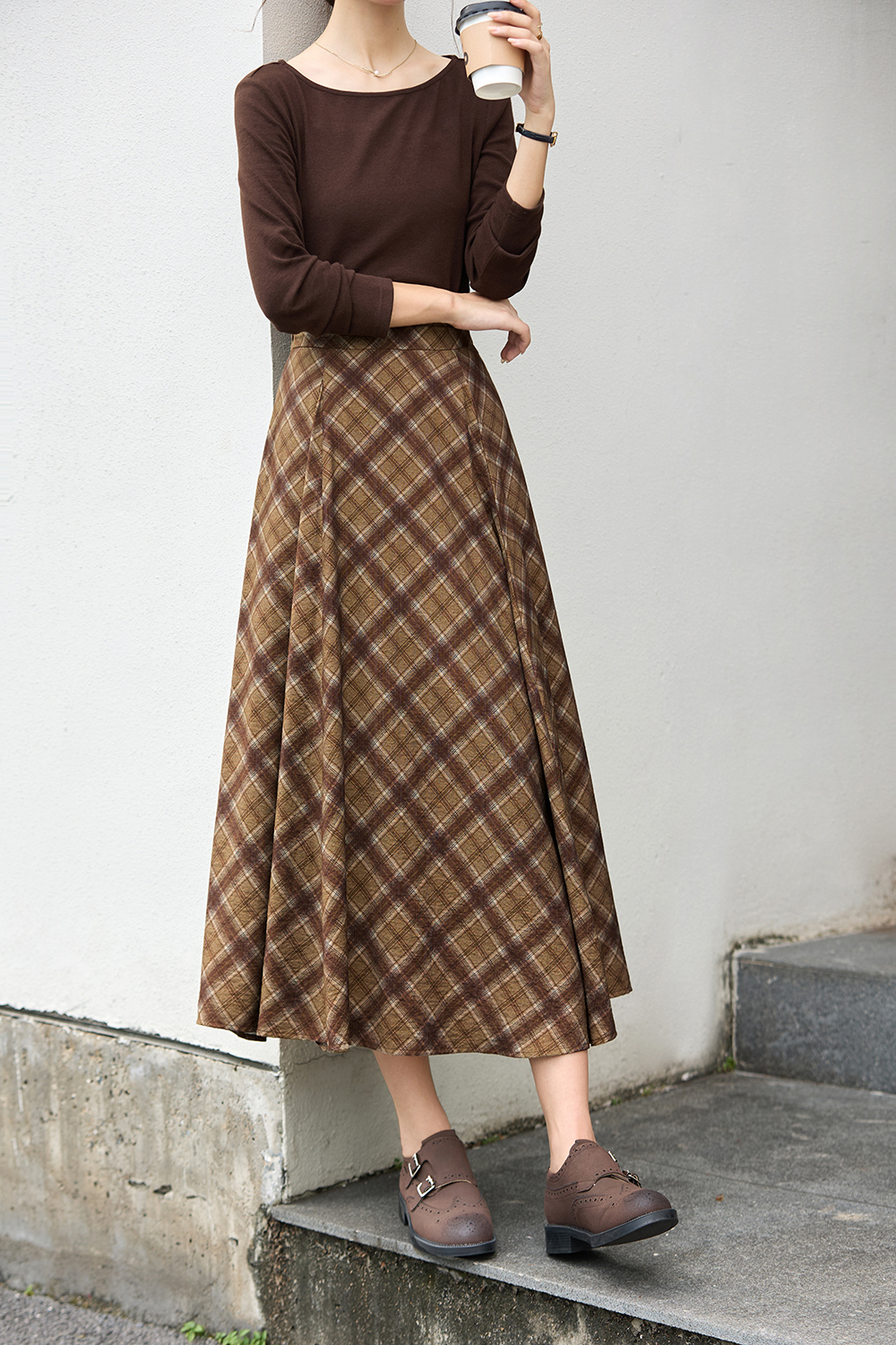 French Elegant Plaid Large Hem Midi Skirt-VIMLYSTORE