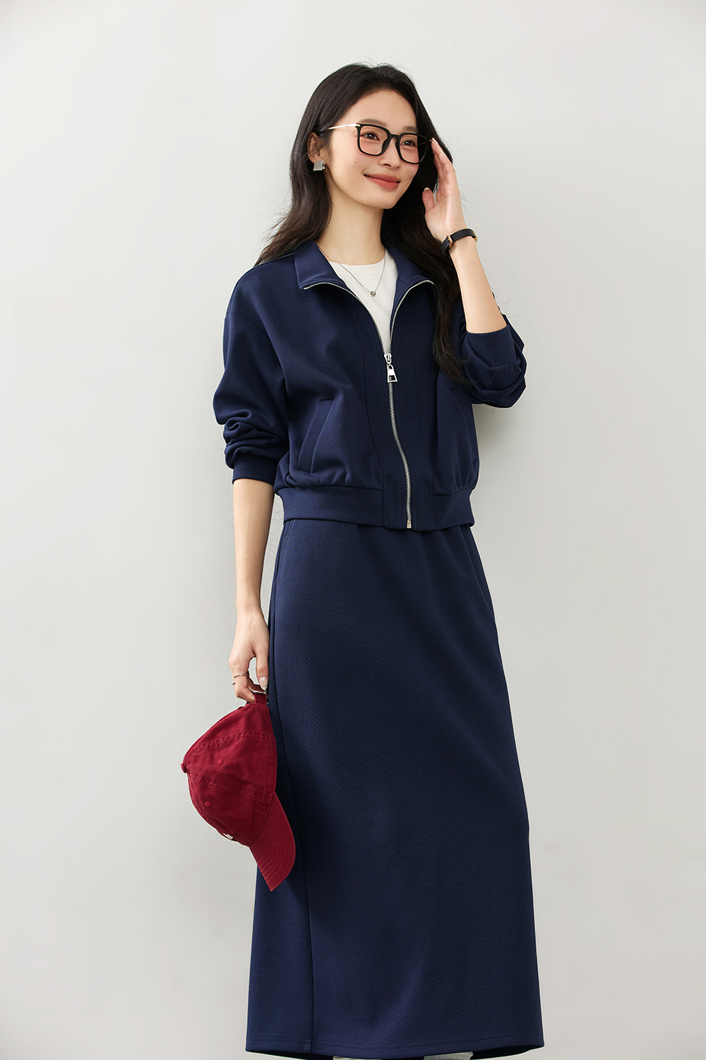 Navy blue cardigan sweater coat and skirt-VIMLYSTORE