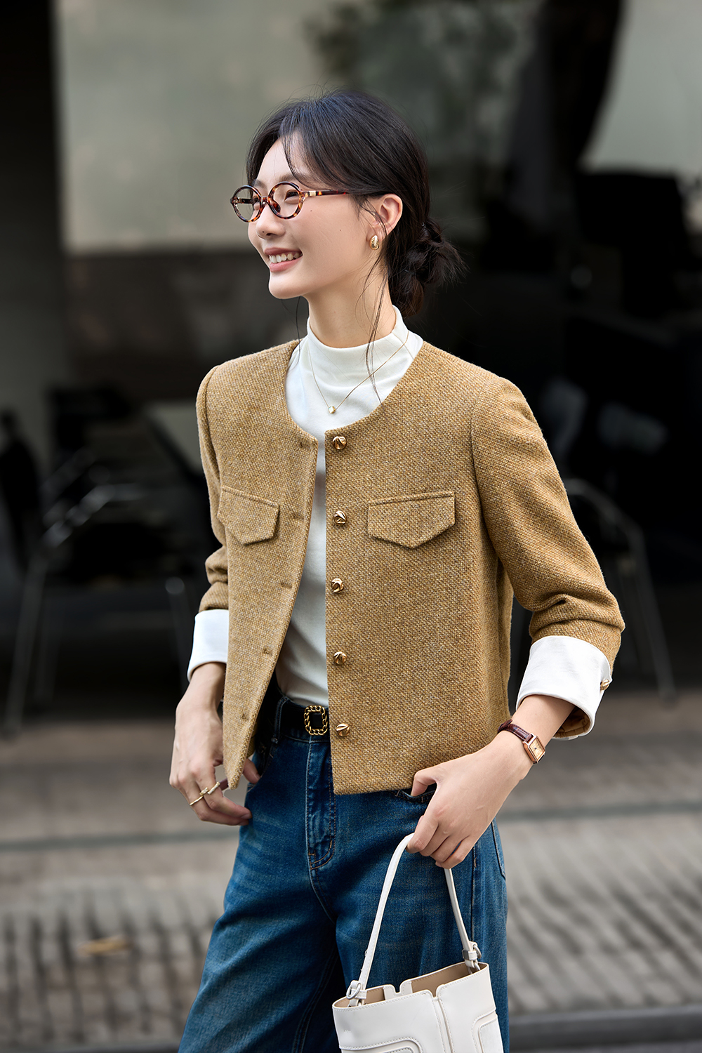 Brown Round Neck Woolen Versatile Coat-VIMLYSTORE