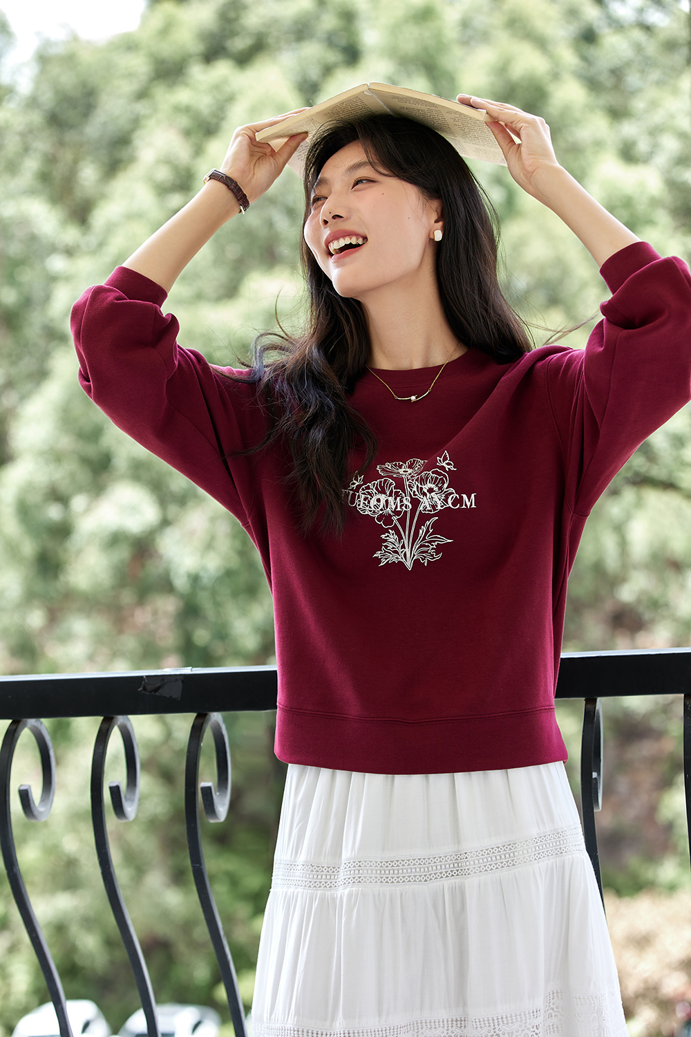 Flower print red round neck Sweatshirt-VIMLYSTORE