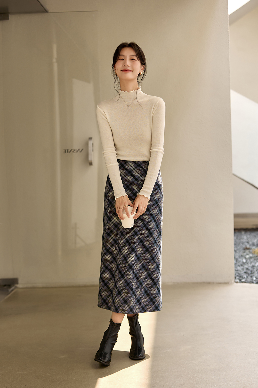 Dusty Blue Plaid Woolen Midi Skirt-VIMLYSTORE