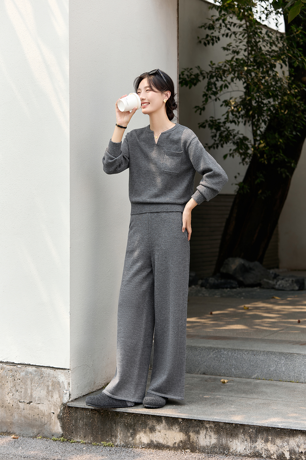 V-Neck Sweater & Straight Pants Set-VIMLYSTORE