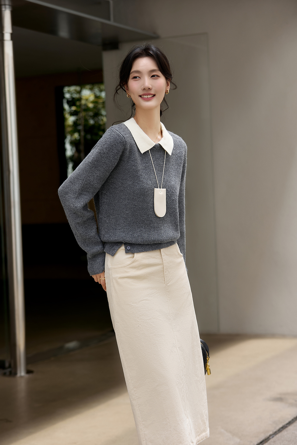 Gray Patchwork Notched Collar Knit Top-VIMLYSTORE