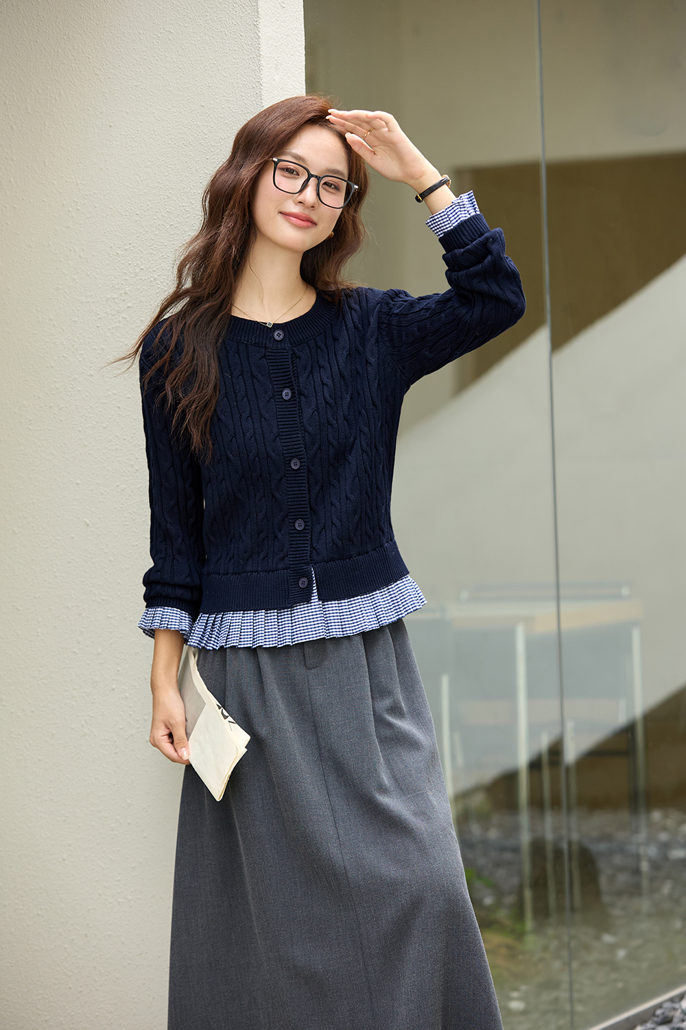Plaid Patchwork Navy Cable-Knit Top-VIMLYSTORE