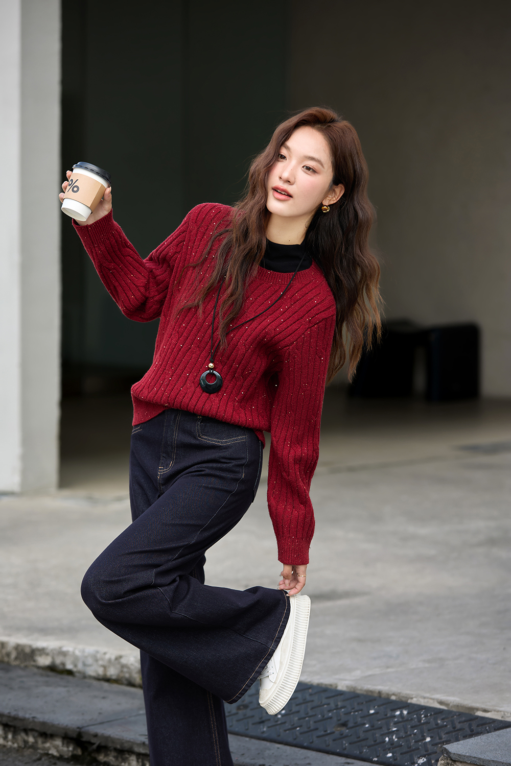 Red Cable-Knit Warm Sweater-VIMLYSTORE