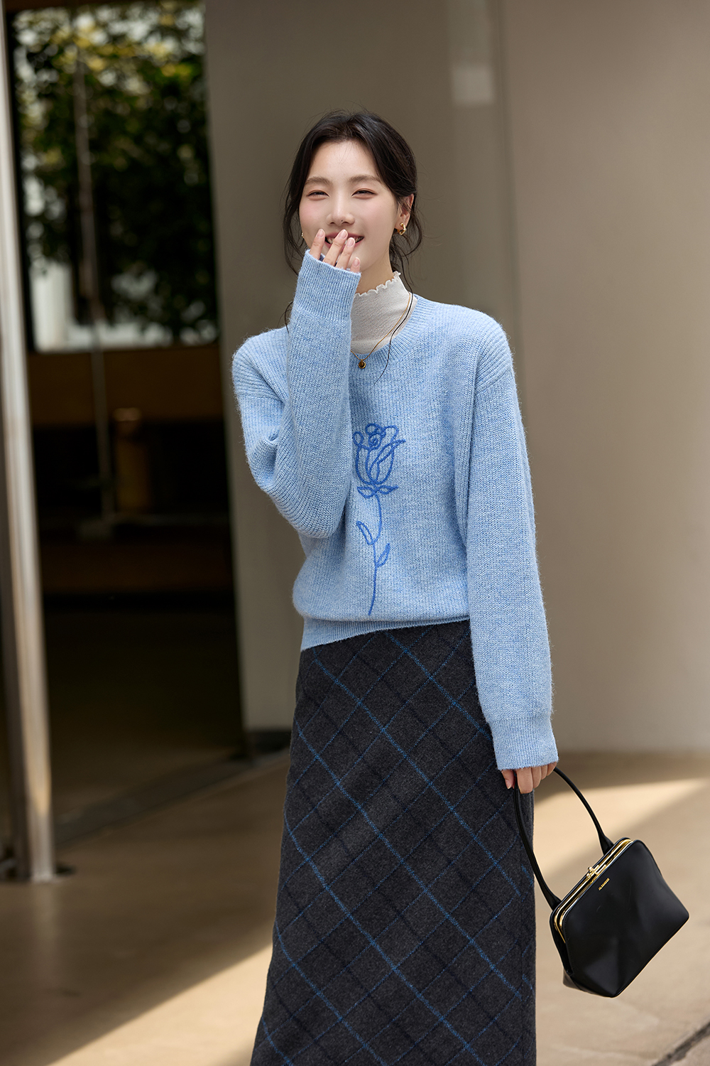 Blue Rose Embroidered Oversized Knit-VIMLYSTORE