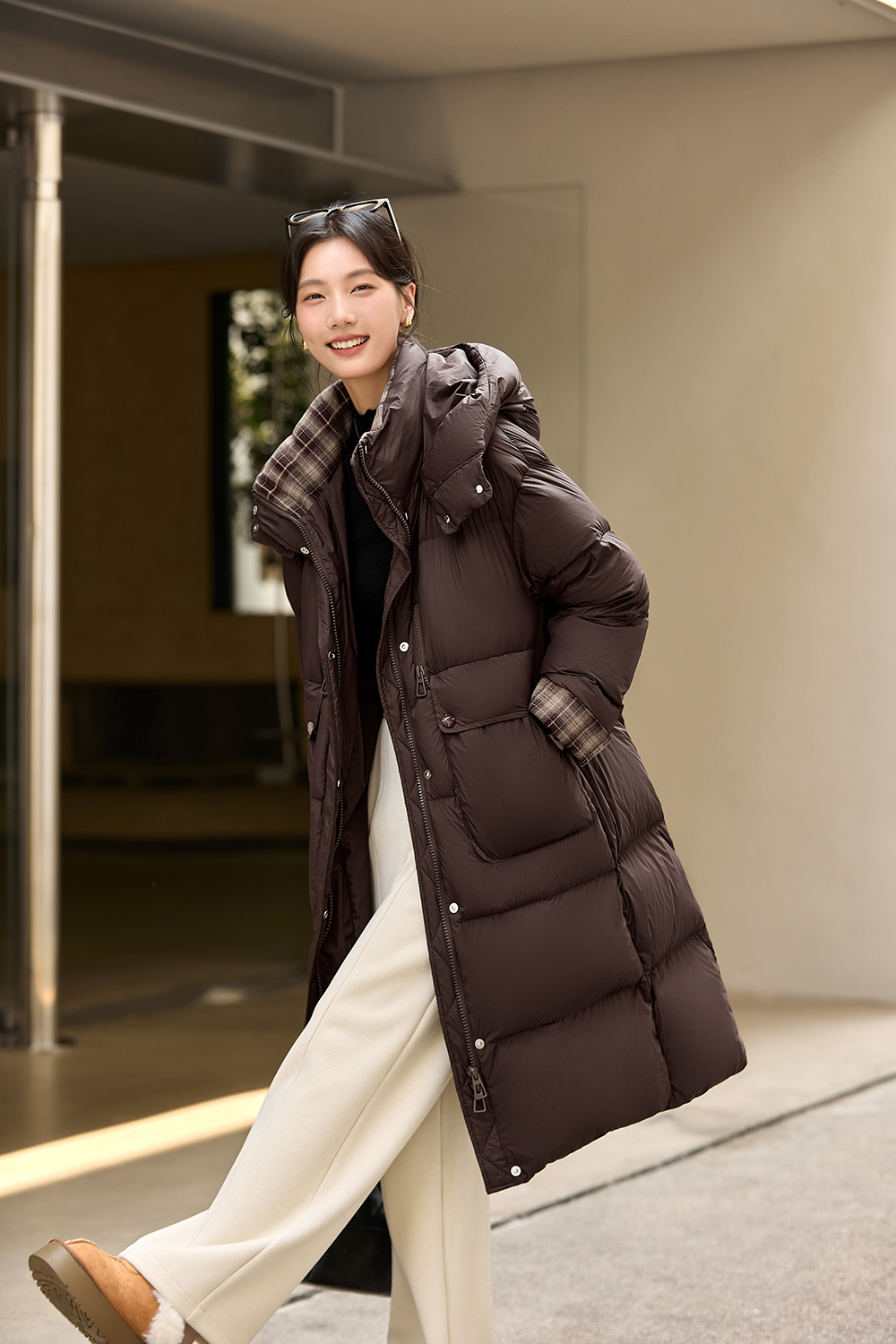 Brown Patchwork Plaid Hooded Down Jacket-VIMLYSTORE