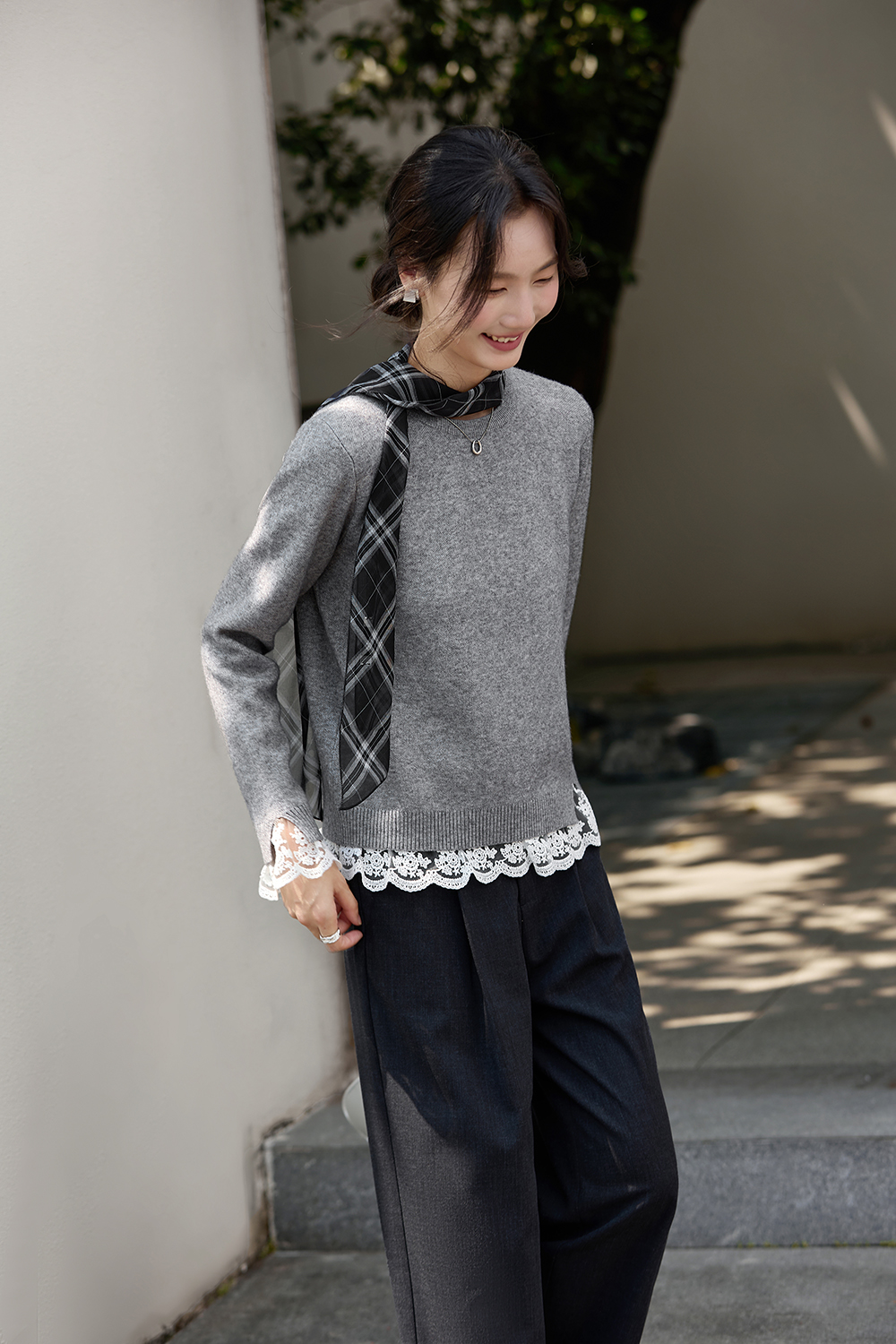 Grey Lace-Trimmed Crewneck Knit Top