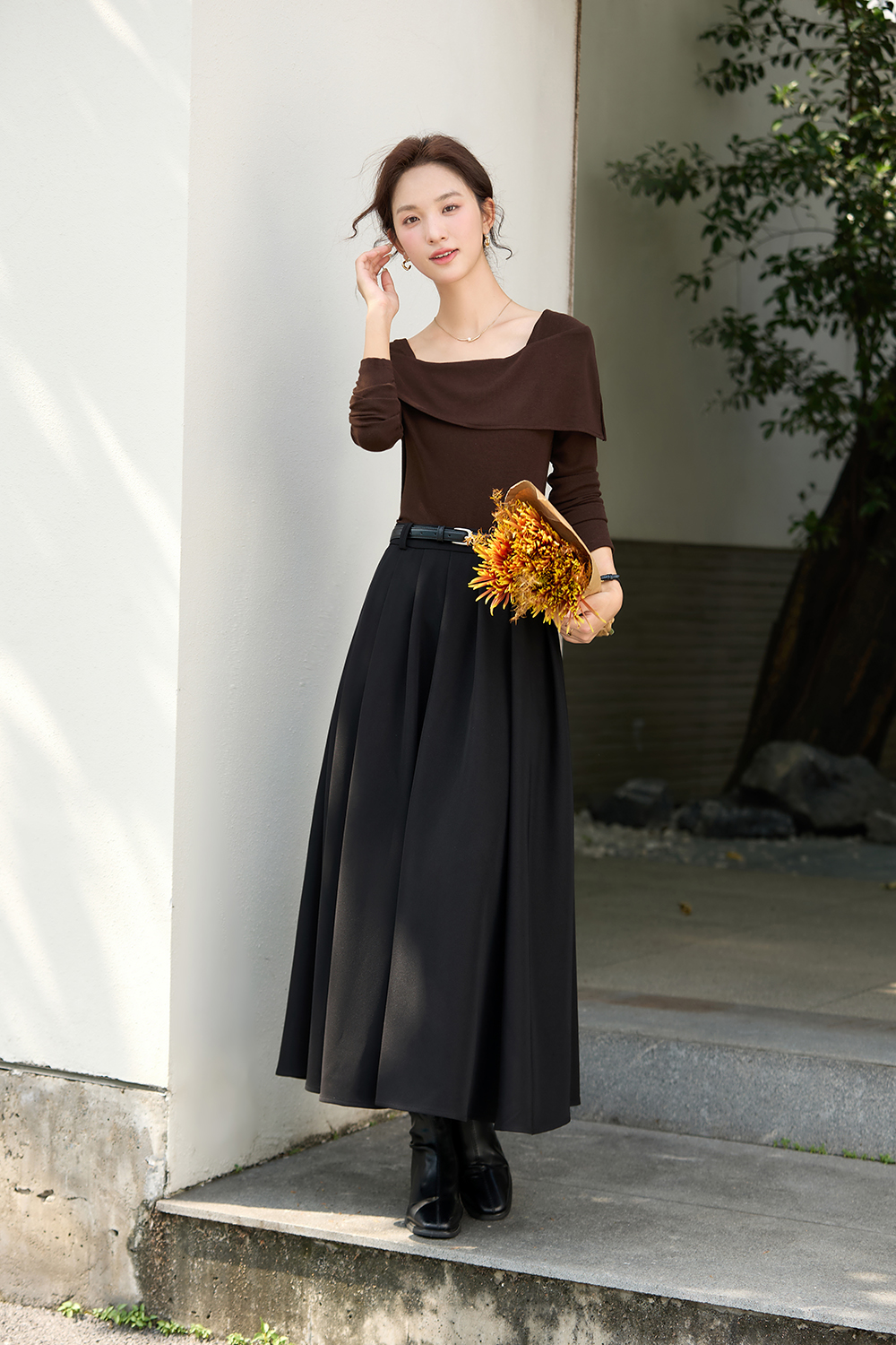 Tailored Pleated Midi Skirt