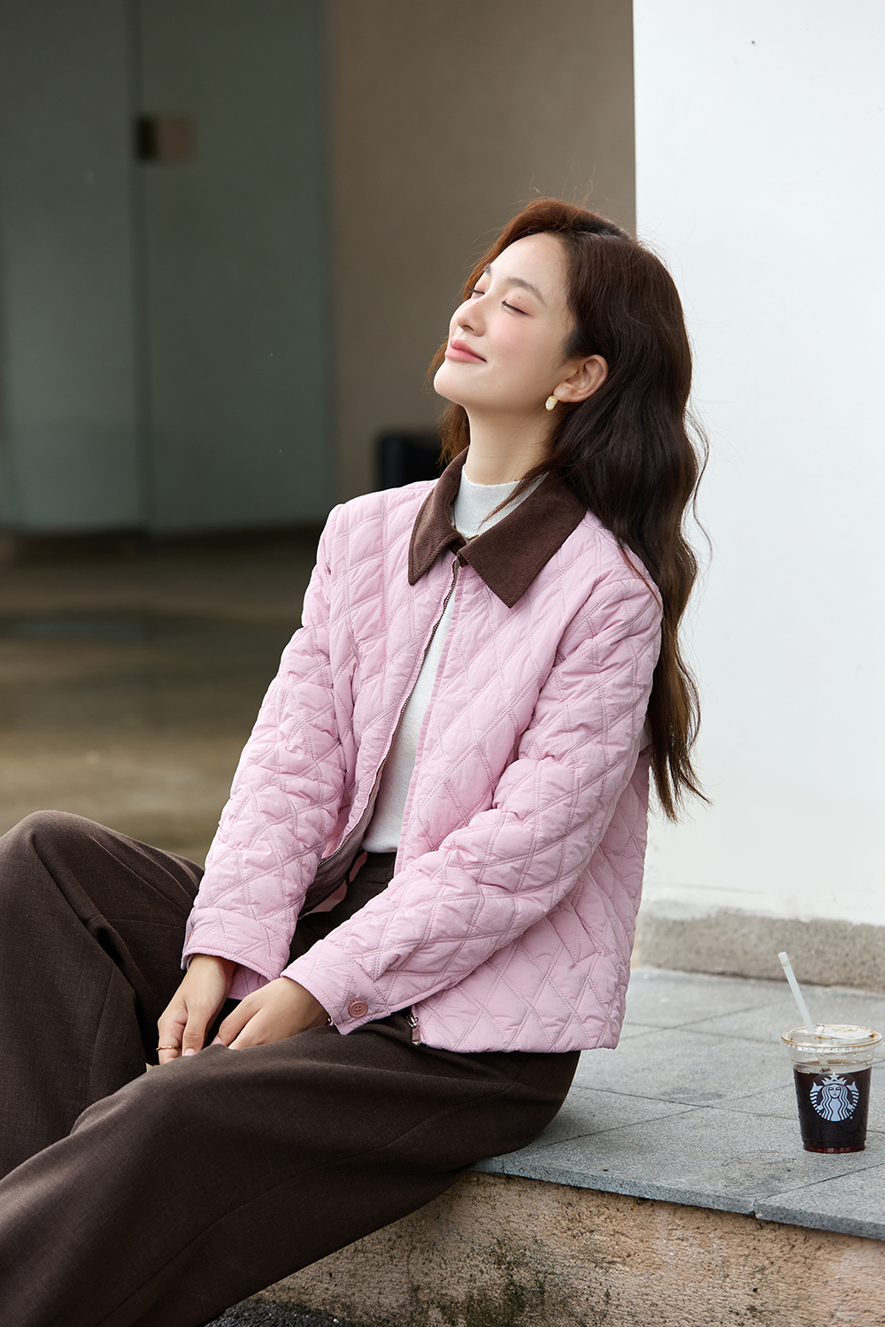 Color-Block Lapel Argyle Puffer Jacket