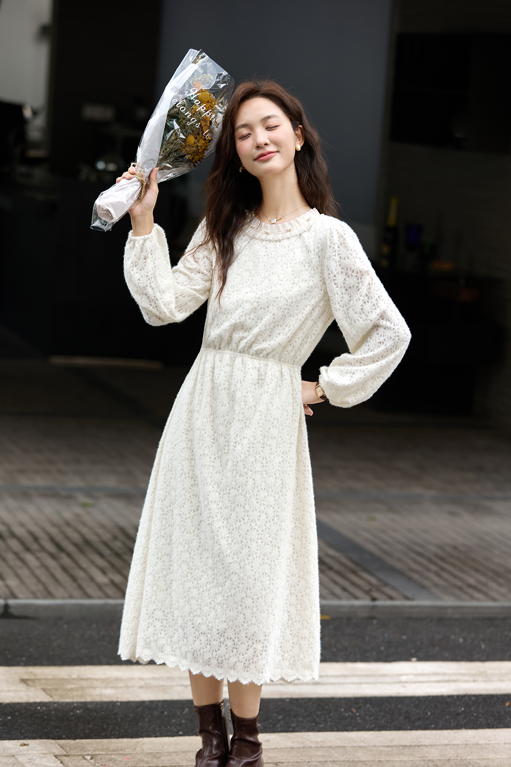 Apricot French Crewneck Lace-Trimmed Dress