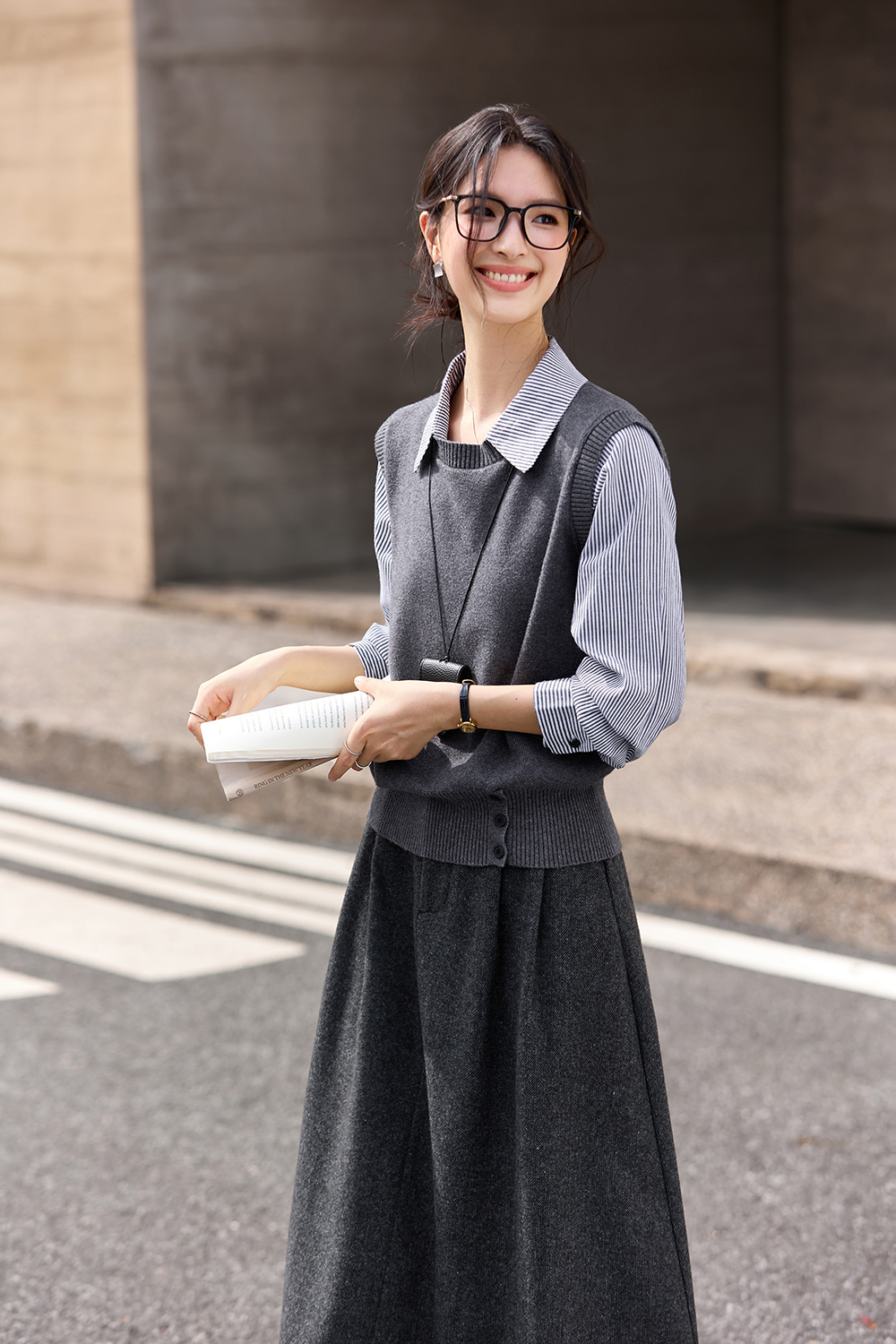 Grey Fake Two-Piece Lapel Knit Top