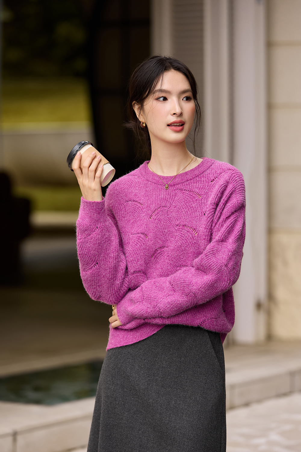 Fuchsia Openwork Pattern Crewneck Sweater
