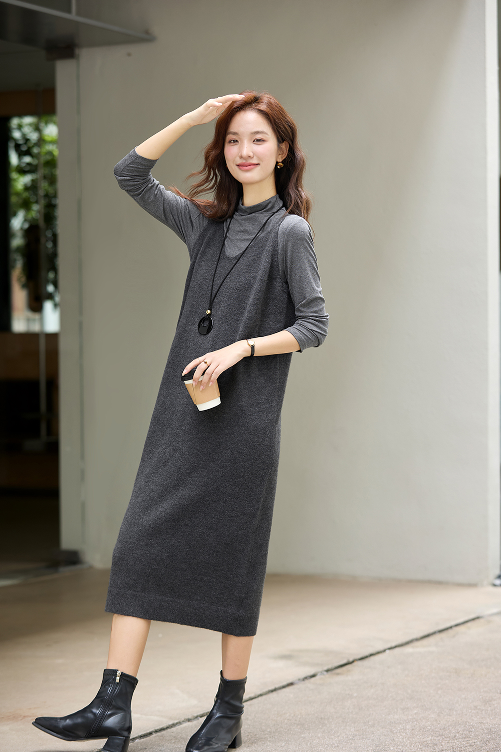 Gray Undershirt & Camisole Dress Set