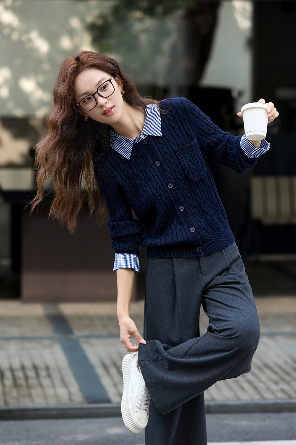 Navy Blue Fake Two-Piece Knitted Cardigan