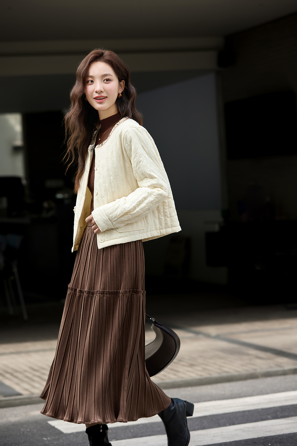 Apricot Ribbon Crew Neck Cotton Padded Jacket