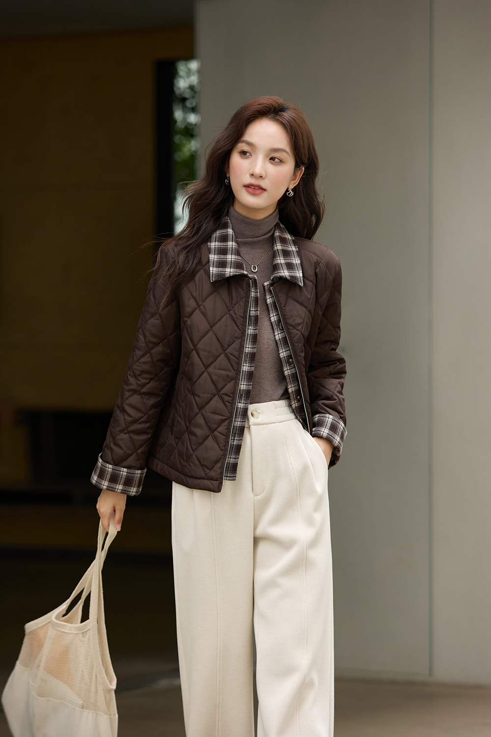 Coffee-Colored Fake Two-Piece Lapel Argyle Cotton Padded Jacket