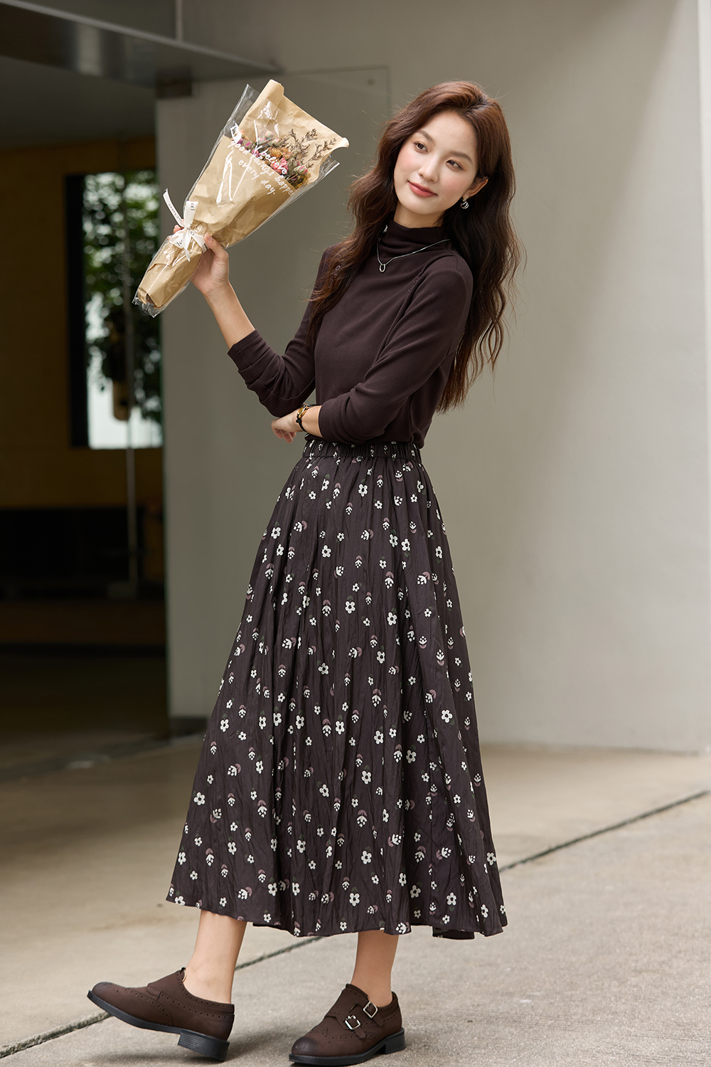 Coffee Floral Print Dress Set