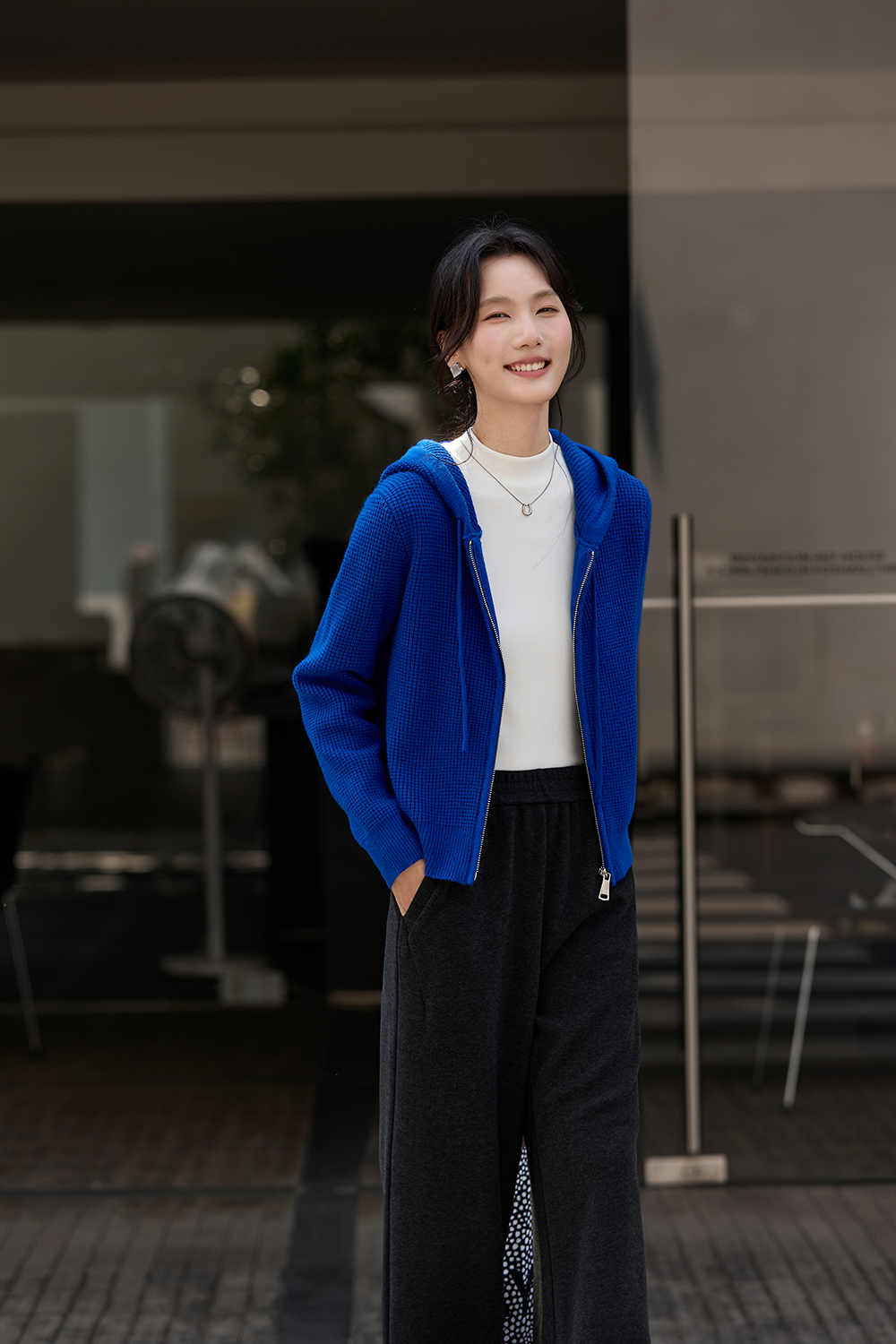 Blue Hooded Zippered Knitted Cardigan