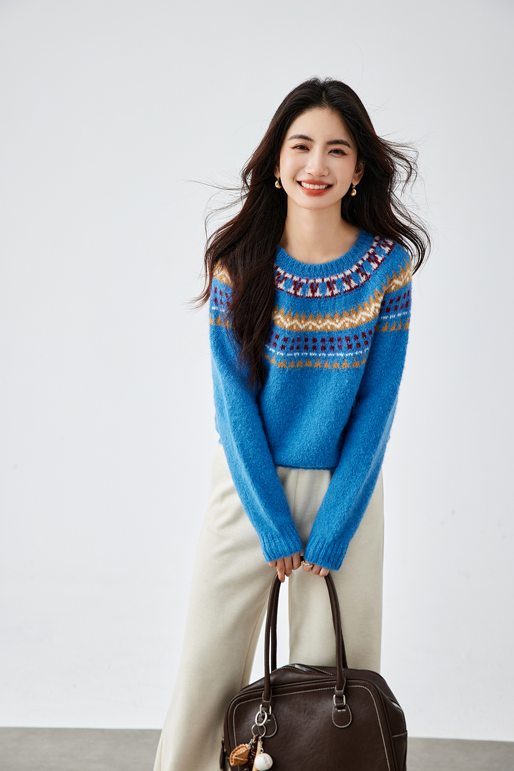 Blue Crew Neck Jacquard Sweater
