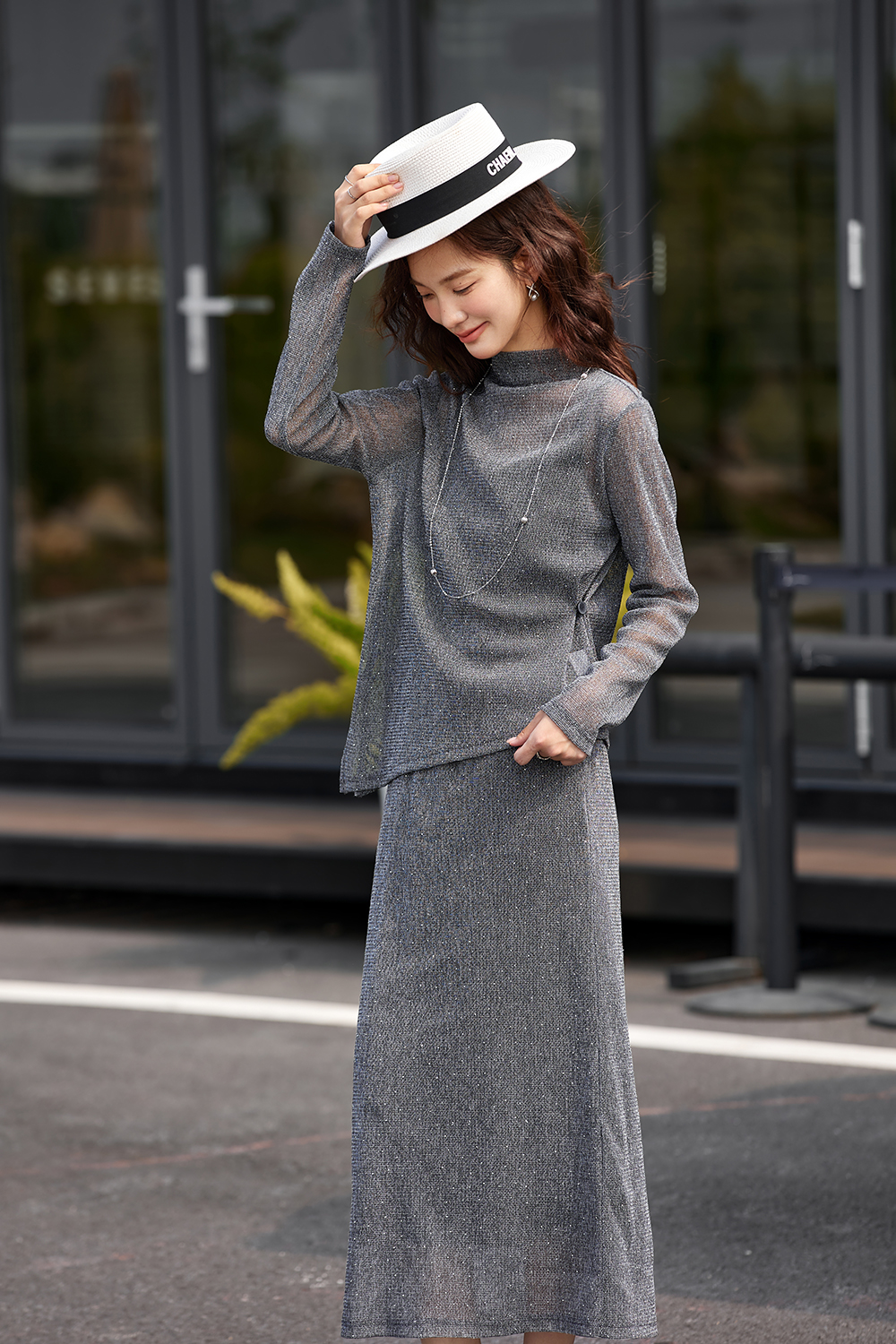 Grey rhinestone suspenders and tops and A-word overskirt.-VIMLYSTORE