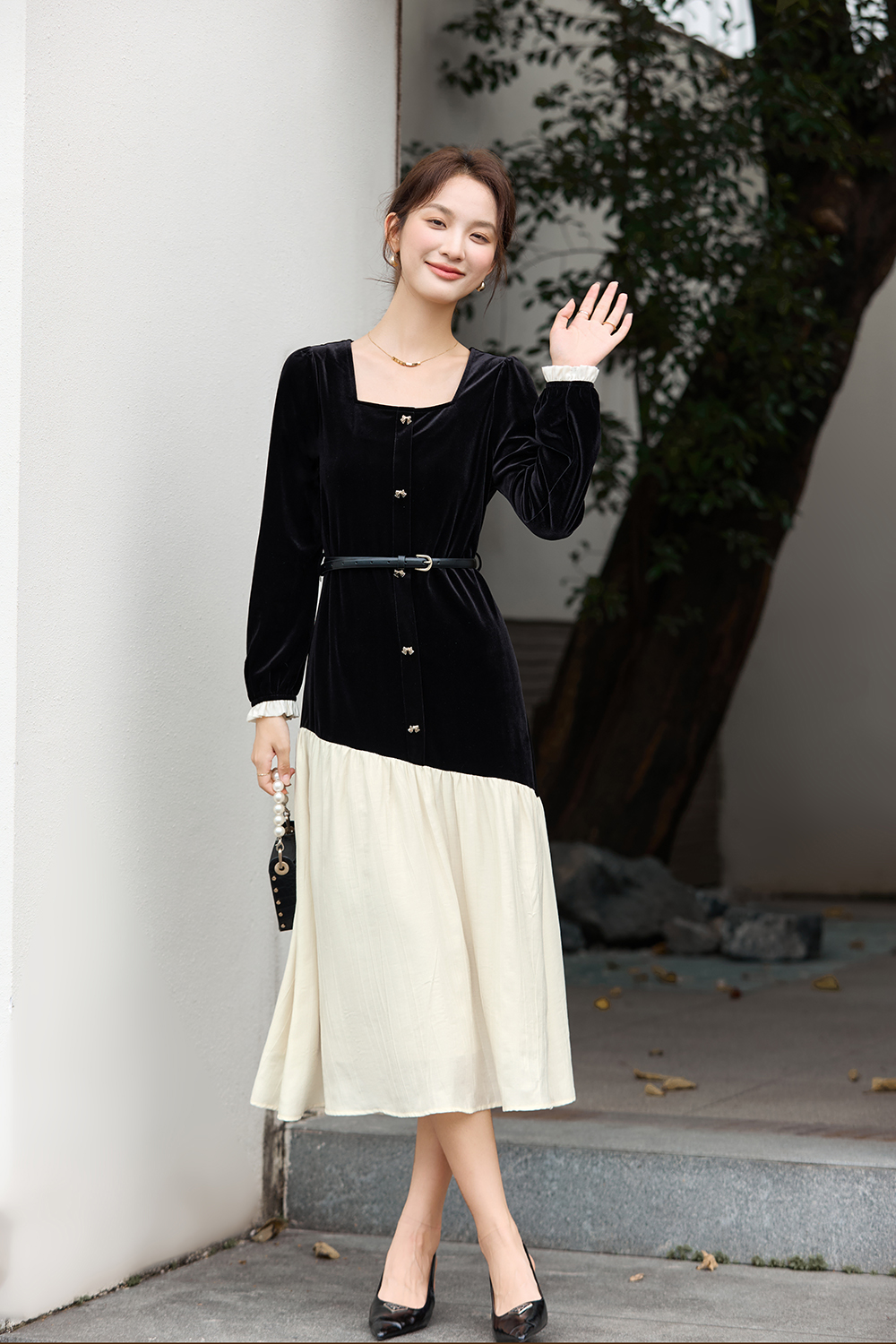 French-Style Velvet Paneled Dress