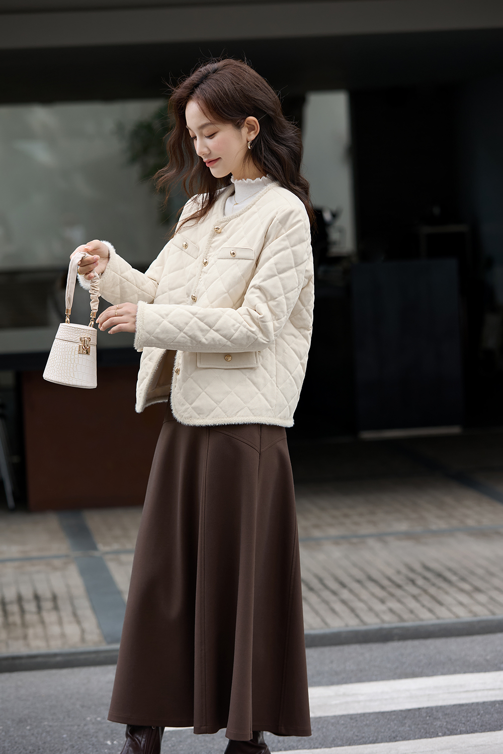 Apricot Argyle Crewneck Cotton-Padded Coat