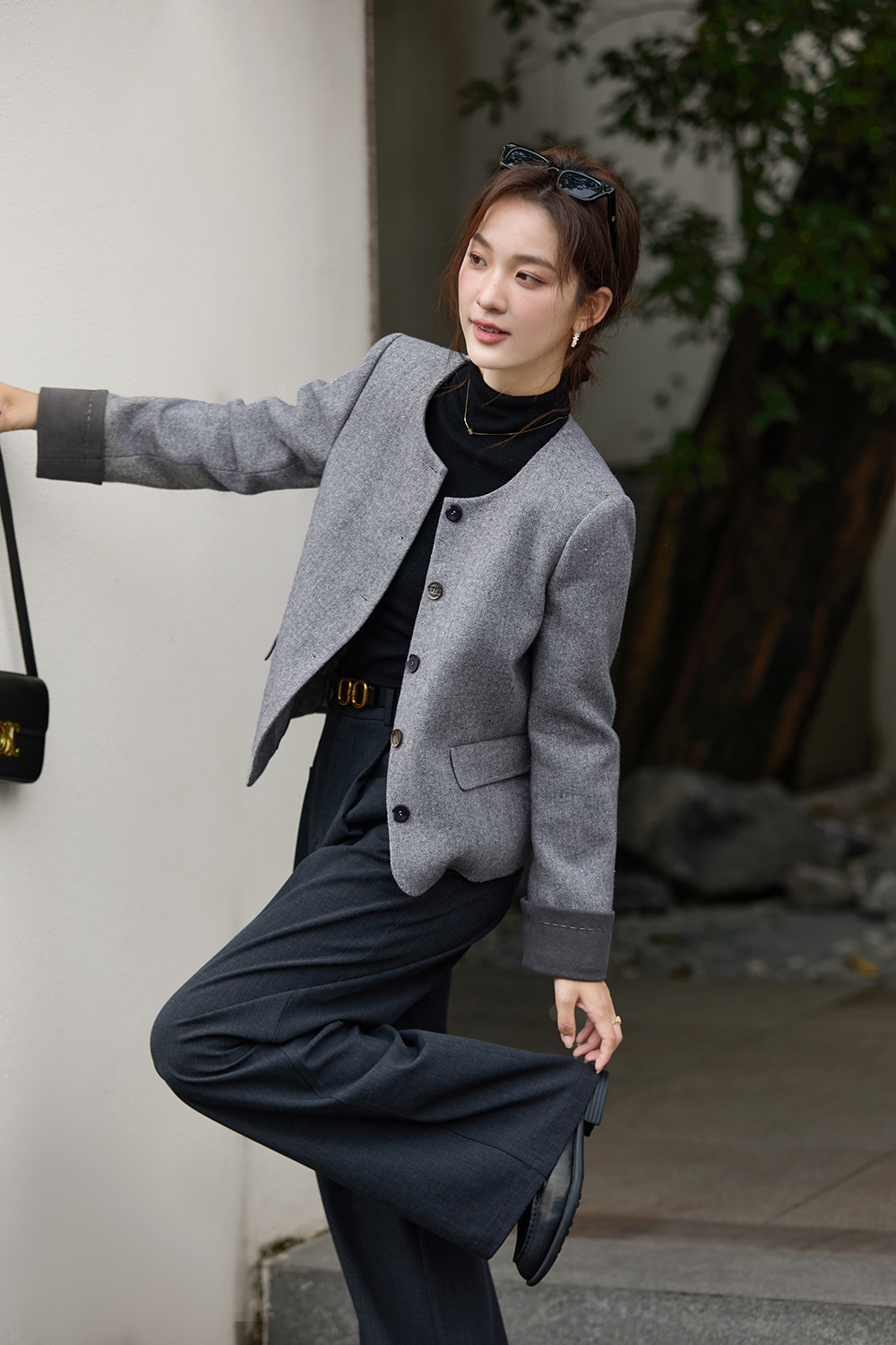 Grey Crewneck Wool Blend Coat