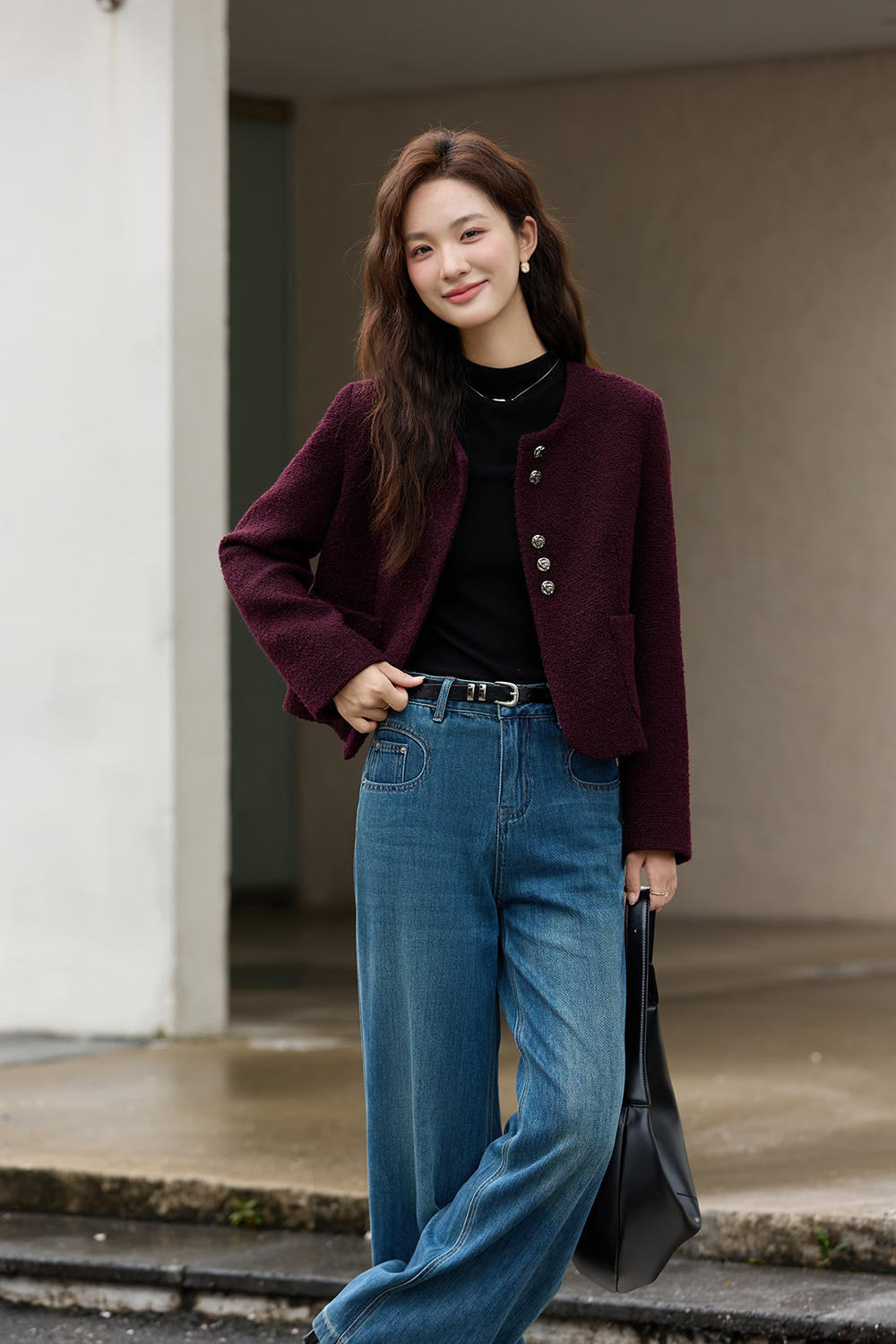 Purple Crewneck Wool Blend Coat