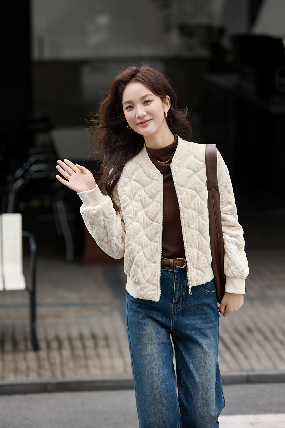 Apricot Argyle Velvet Varsity Cotton-Padded Jacket