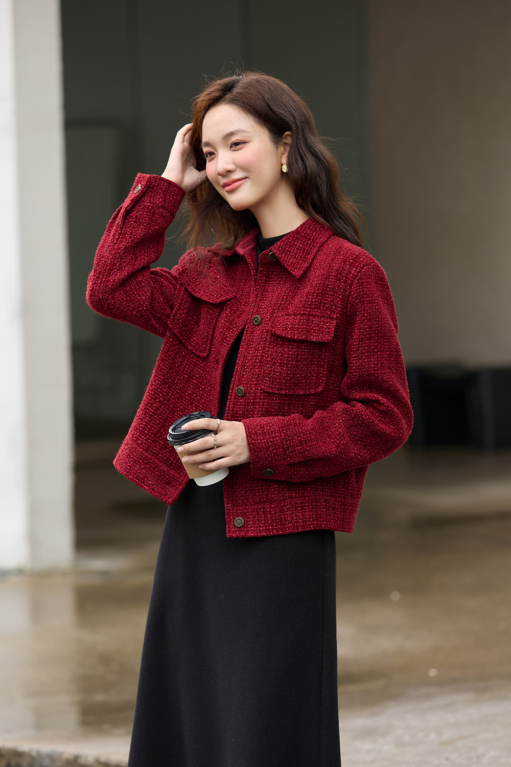 Red Lapel Short Wool Blend Jacket
