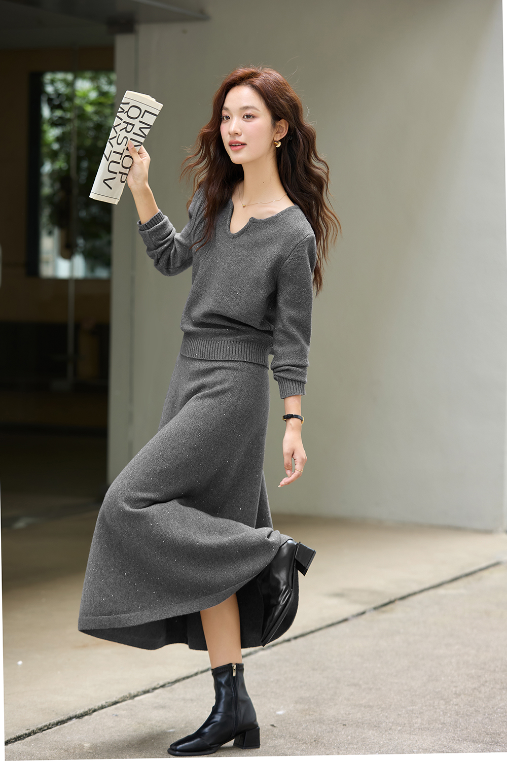 Grey Casual Knitted Suit Set