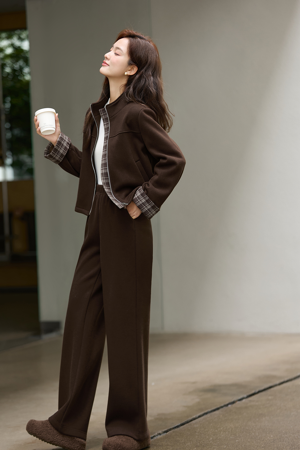 Brown Plaid Trim Suit Set