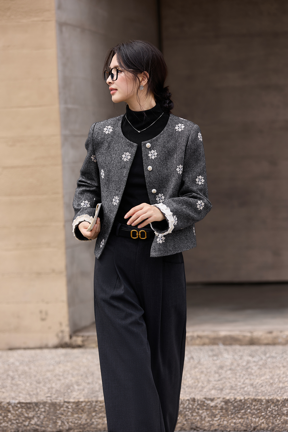 Heather Grey Embroidered Shorts & Jacket Set