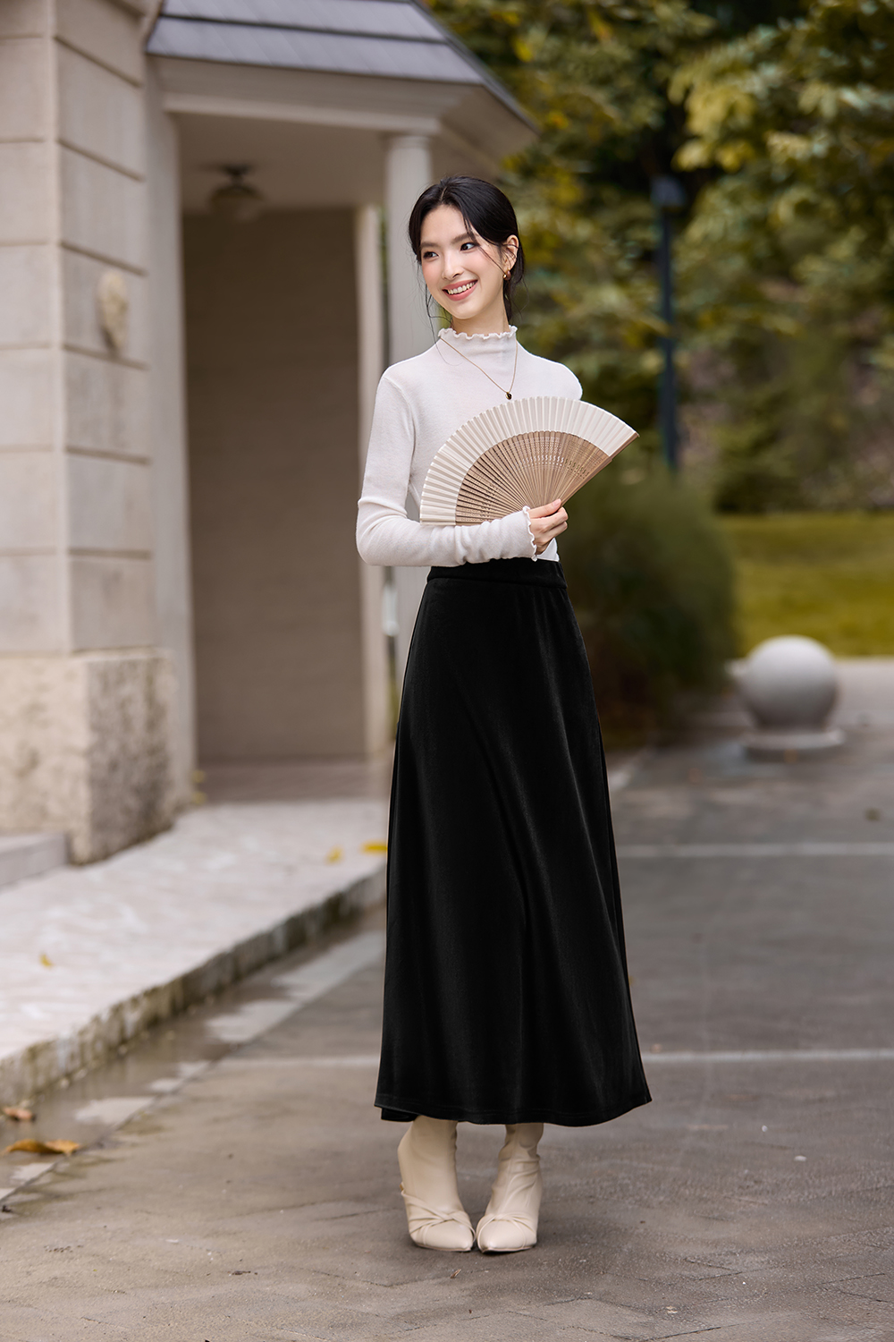Brown French-Style Knitted Velvet Midi Skirt