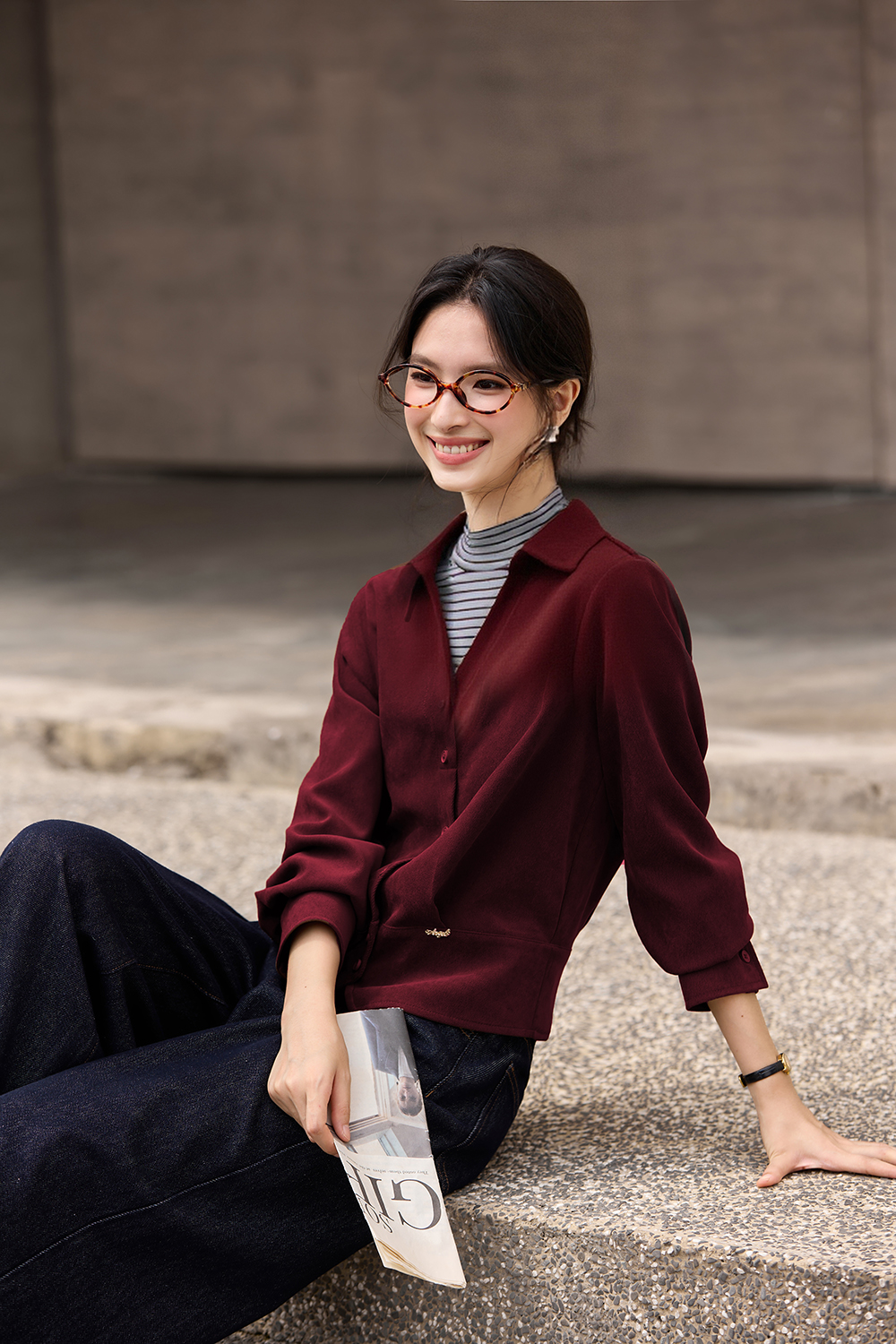 Apricot-Coffee Layered-Look Stand-Collar Shirt